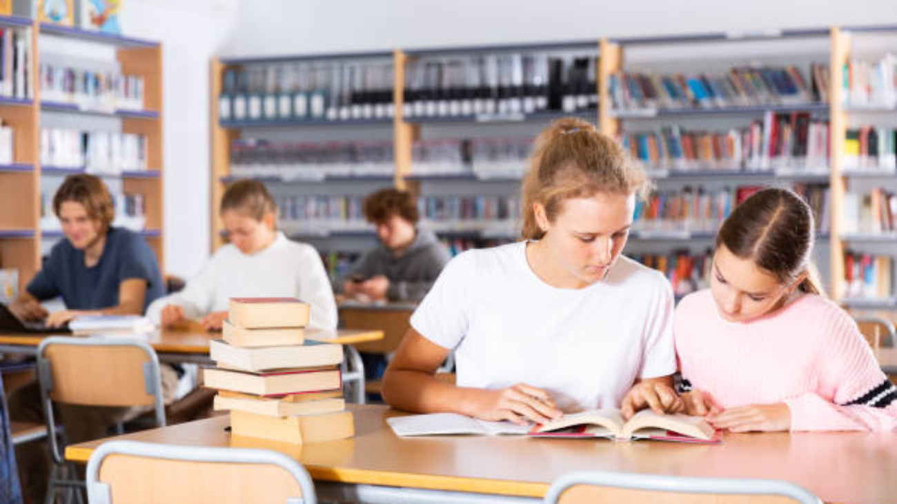 Two female friends reading books together and preparing for exams in the school library